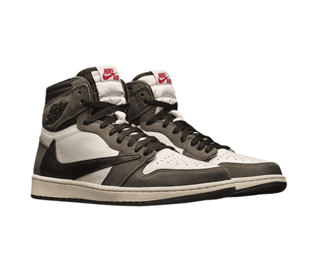 A pair of Travis Scott x AJ1 High sneakers in white, black, and washed out olive with reversed Swooshes on the lateral sides.