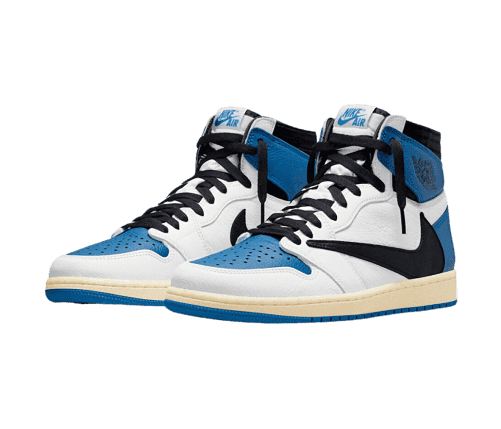 A pair of Travis Scott x Fragment x AJ1 High sneakers in blue, white, and black with reversed Swooshes on the lateral sides.