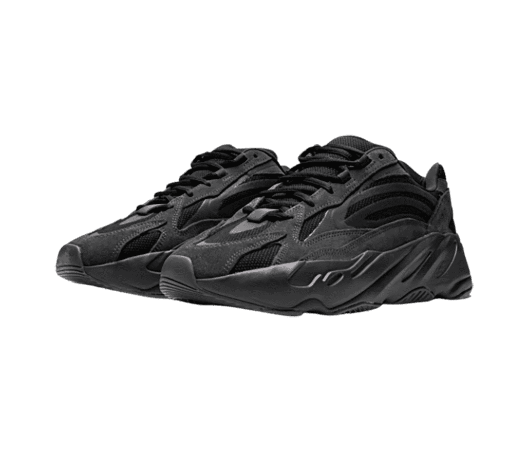 An all-black pair of Yeezy Boost 700 V2 “Vanta” sneakers with mesh uppers and suede overlays.
