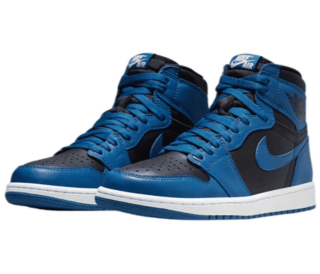 A pair of AJ1 High sneakers in black with blue overlays and white midsoles.
