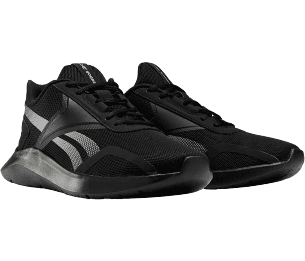 A pair of men's Reebok shoes in full black with a sleek design and differing textures.