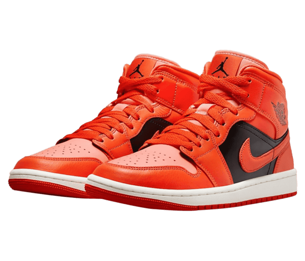 A bright orange pair of AJ1 Mid sneakers with black quarters, salmon tongues and toeboxes, and white midsoles.