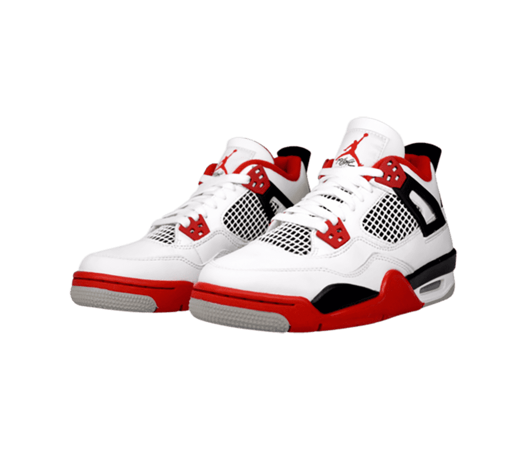 A white pair of AJ4 sneakers with black and red detailing.