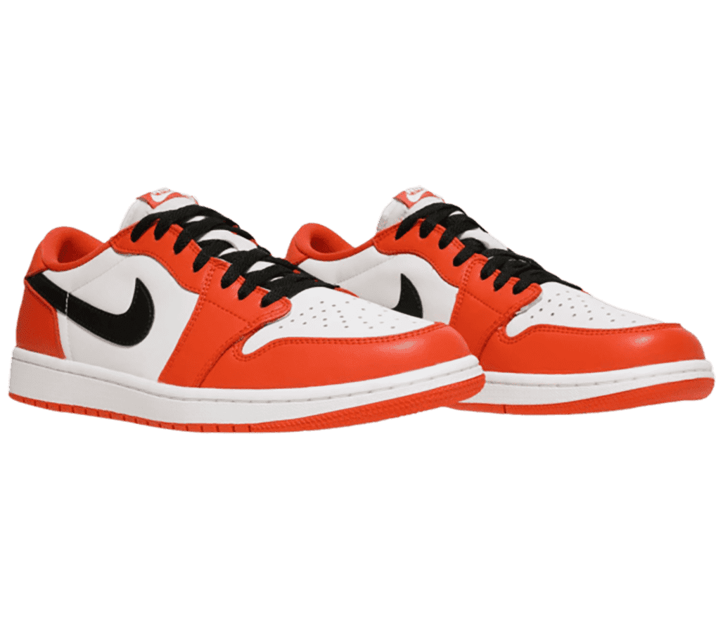 A pair of AJ1 Low sneakers in white uppers with red-orange overlays and black Swooshes and laces.