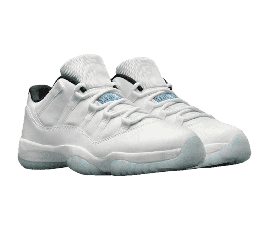 A white pair of AJ11 Low sneakers with light teal translucent outsoles.