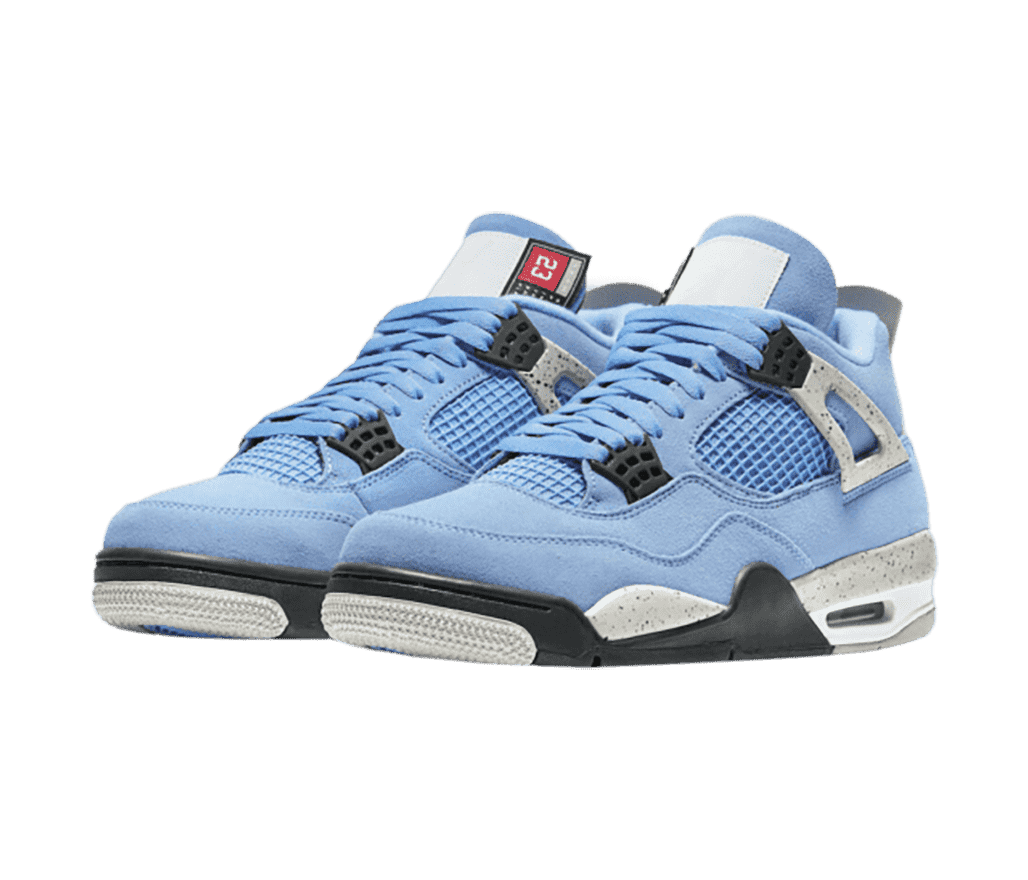 A light blue suede pair of AJ4 sneakers with black lace cages and light gray speckled details.
