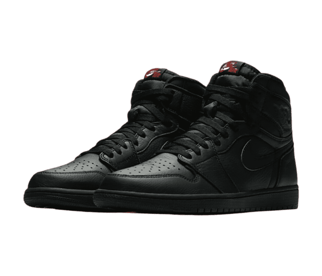 An all-black pair of AJ1 High sneakers with red Nike Air logotype on the tongues.