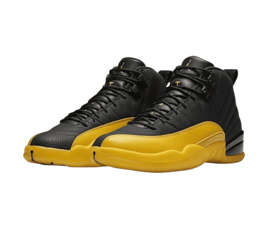 A black pair of AJ12 sneakers with gold mudguards and outsoles.