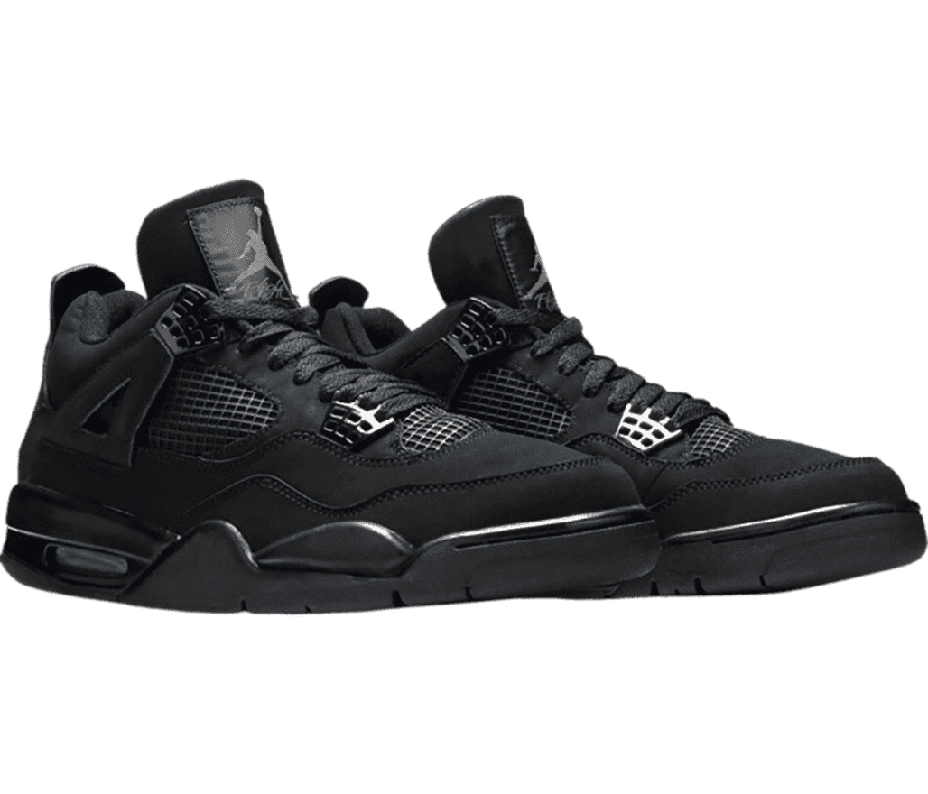 An all-black pair of AJ4 sneakers suede uppers.
