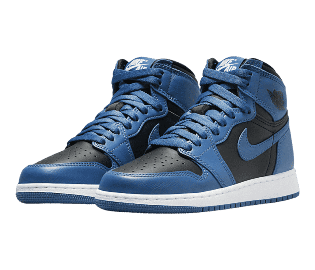 A black pair of AJ1 Mid sneakers with blue overlays, laces, and outsoles.