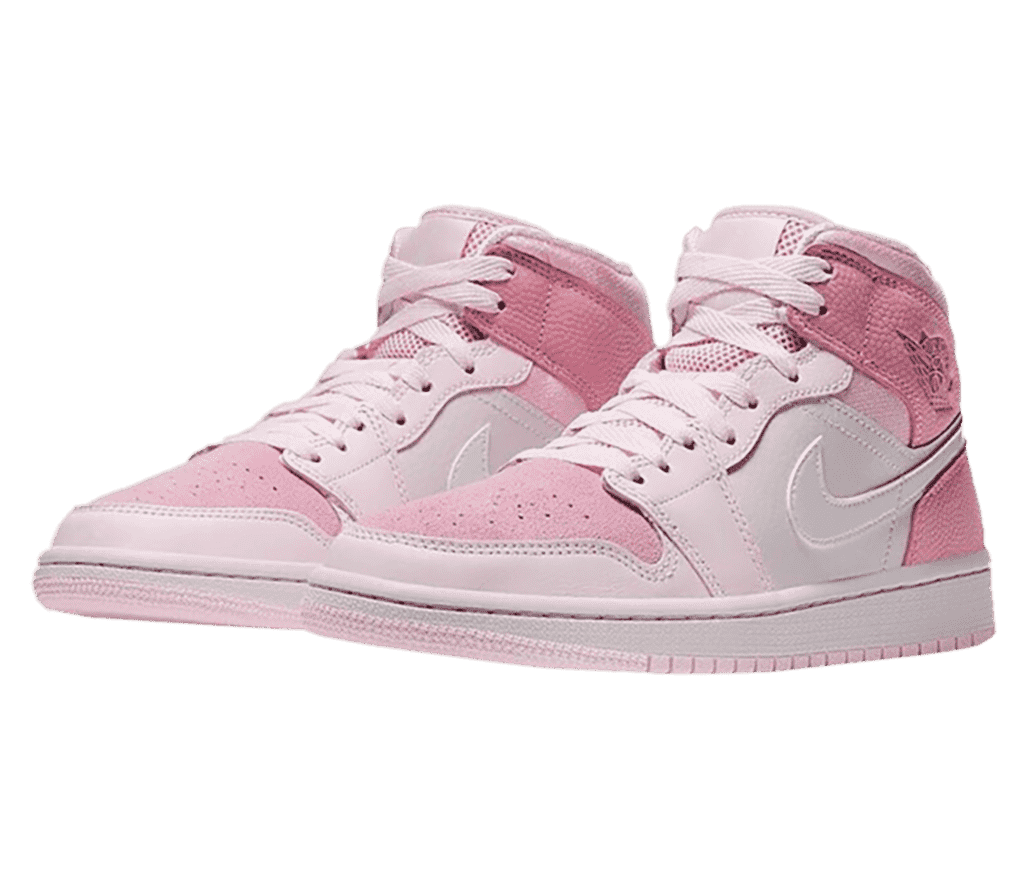 A triple-tone pair of AJ1 Mid sneakers in pink leather and suede.