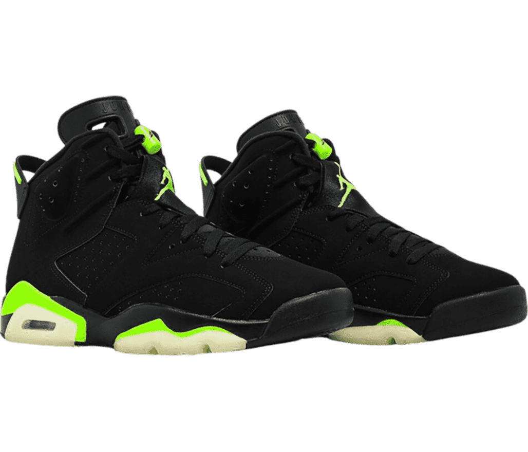 A black suede pair of AJ6 “Electric Green” sneakers bright green details.