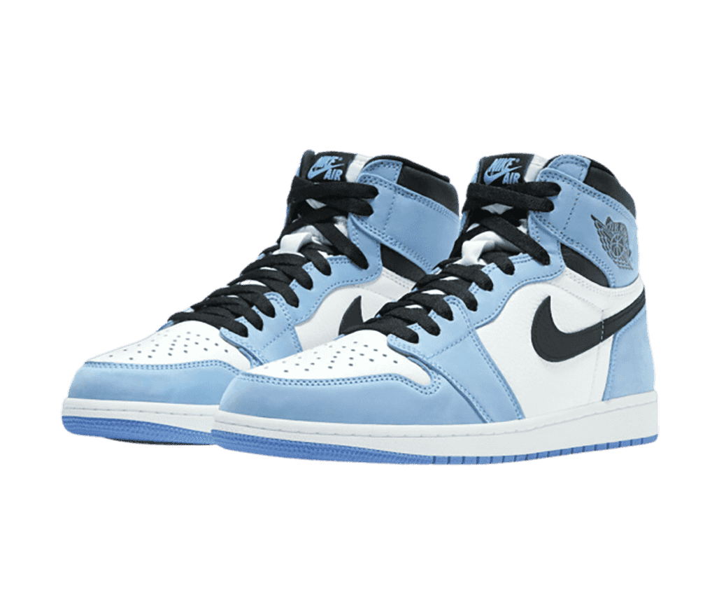 A white pair of AJ1 High sneakers with light blue suede overlays and black collars and Swooshes.