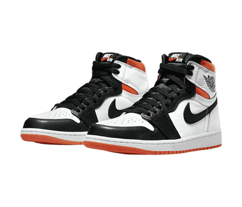 A black and white pair of AJ1 High sneakers with orange outsoles and collars.