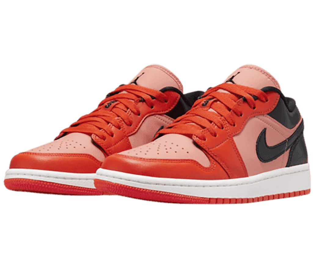 A pair of AJ1 Low sneakers with salmon and blood orange uppers and black Swooshes and heels.