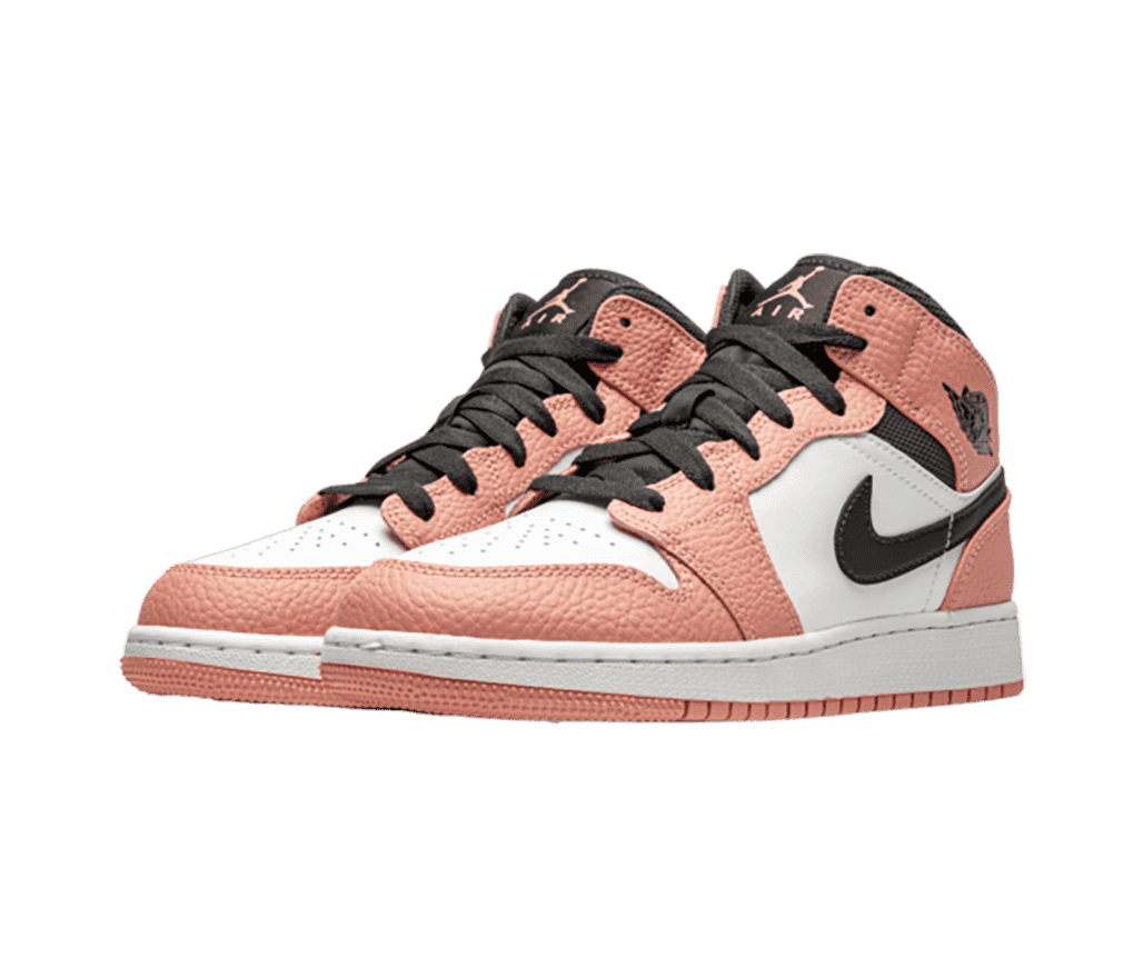 A pair of AJ1 Mid sneakers in white with salmon tumbled leather overlays and black laces, collars, and Swooshes.