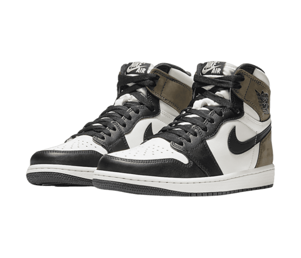 A pair of black and white AJ1 High sneakers with olive suede collar straps and heels.