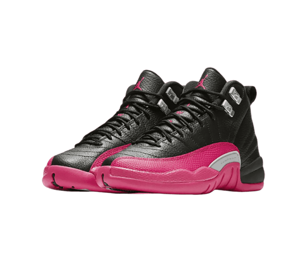 A black pair of AJ12 sneakers with pink mudguards and gray accents.