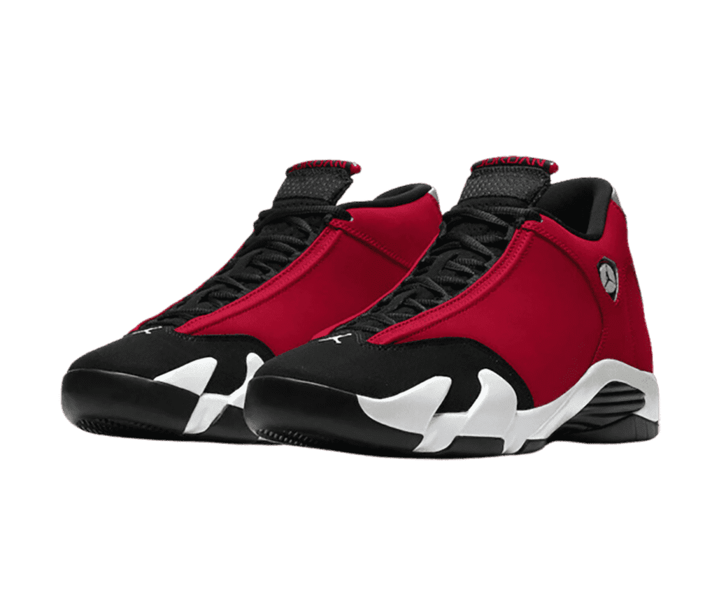A pair of AJ14 sneakers in red and black uppers and white midsoles.