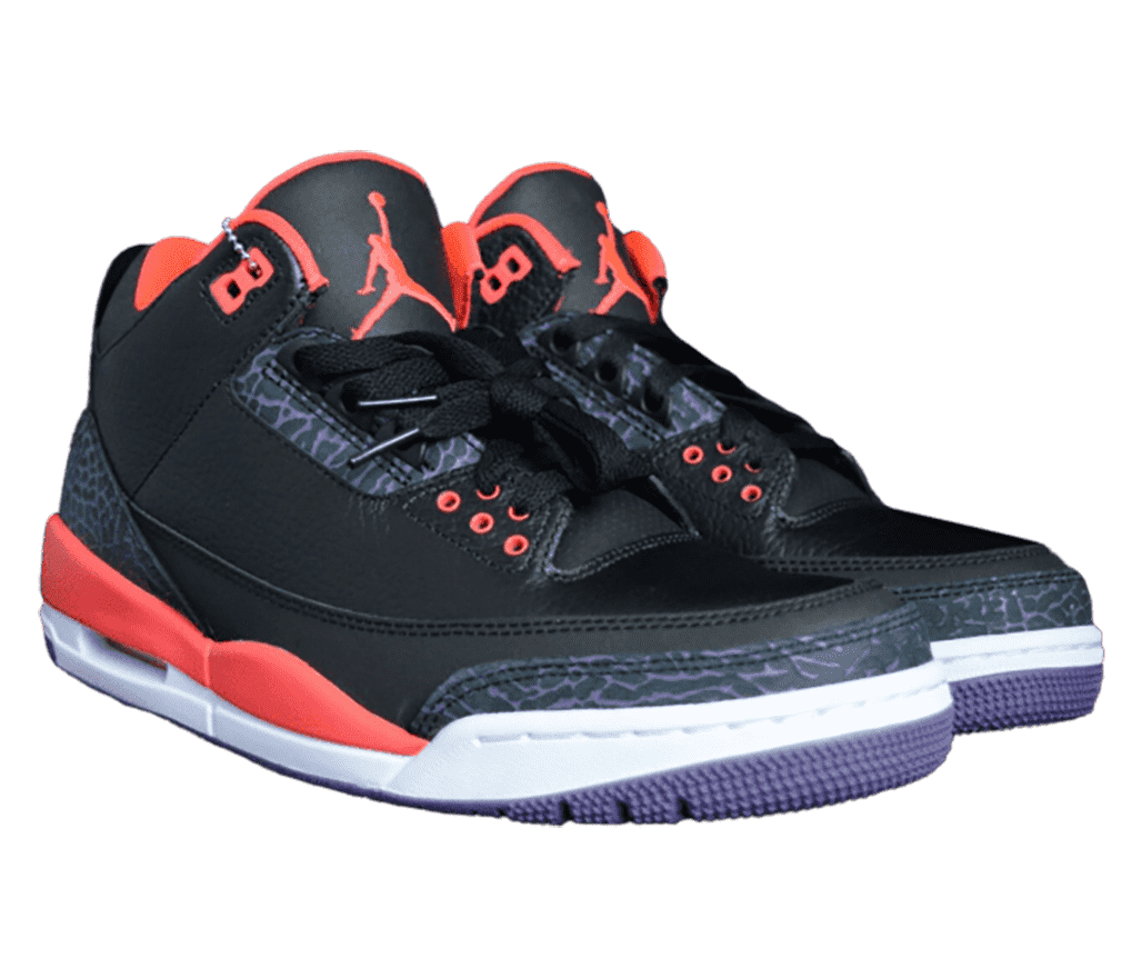 A black pair of AJ3 “Crimson” sneakers with purple elephant print tips, heels, and upper vamps and orange detailing.