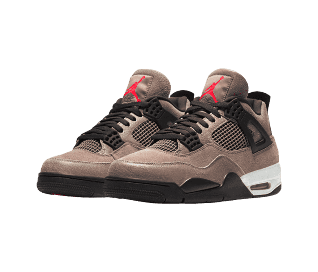 A brown suede pair of AJ4 sneakers with black detailing and white heels.