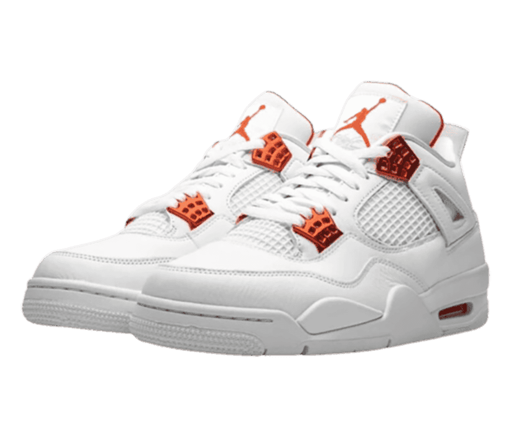 A white pair of AJ4 sneakers with orange chrome lace cages.