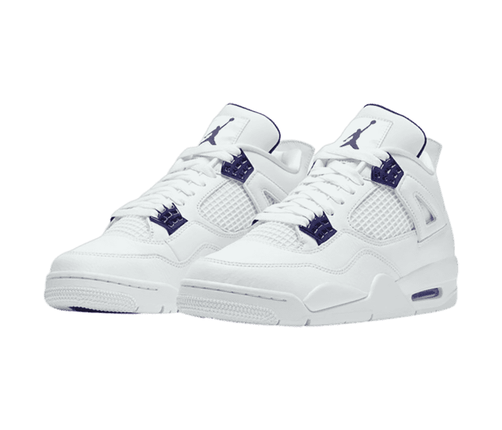A white pair of AJ4 sneakers with blue chrome lace cages.