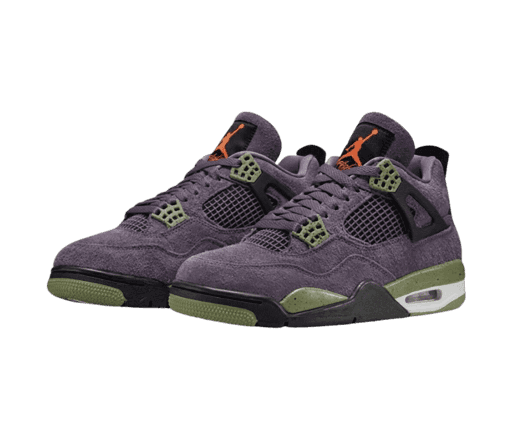 A purple suede pair of AJ4 sneakers with olive and black speckled detailing.