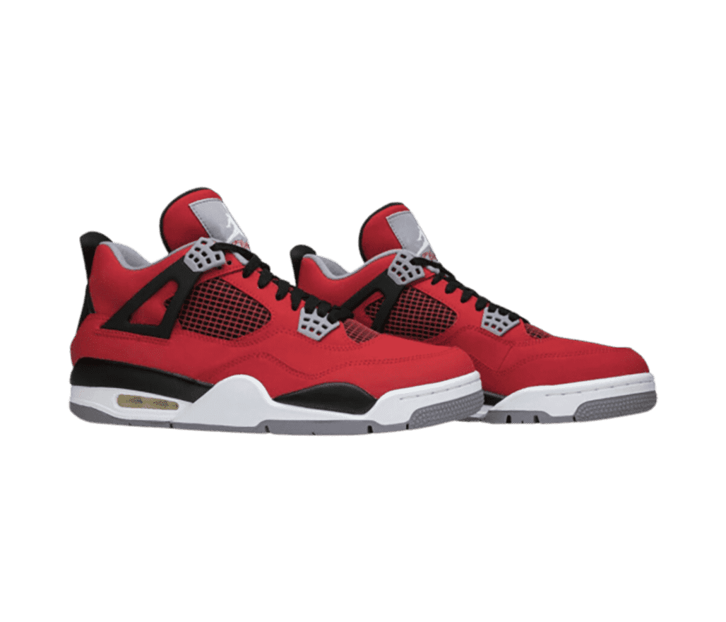 A red suede pair of AJ4 sneakers with white midsoles and black and gray details.