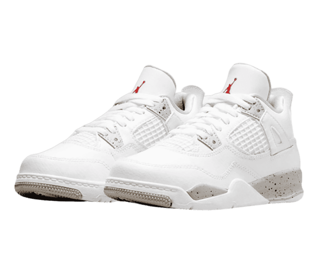 A white suede pair of AJ4 sneakers with gray speckled details.