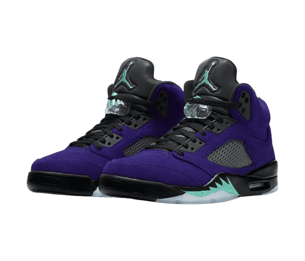 A purple suede pair of AJ5 sneakers with black soles, laces, and tongues, teal accents, and clear lace locks.
