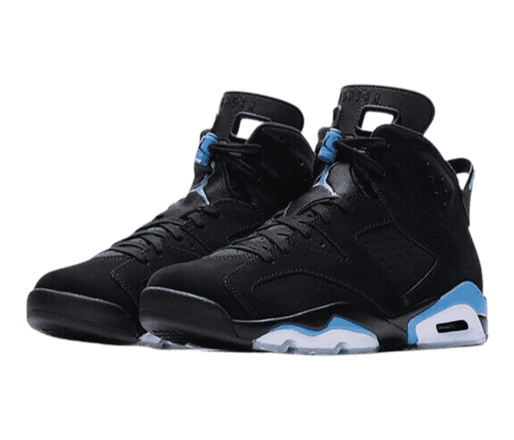 A black suede pair of AJ6 sneakers with light blue and gray accents.
