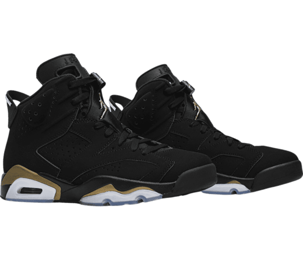 A black suede pair of AJ6 sneakers with light gray and dark gold accents.