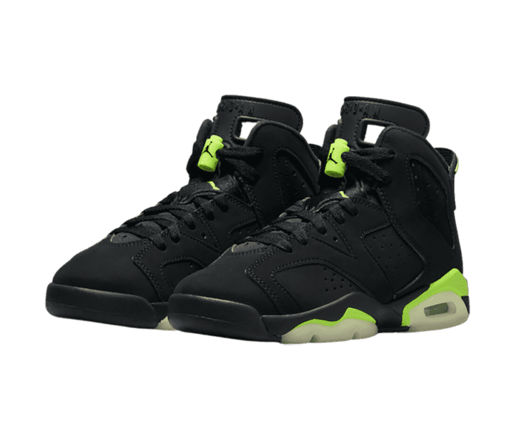 A black suede pair of AJ6 sneakers with bright green accents.