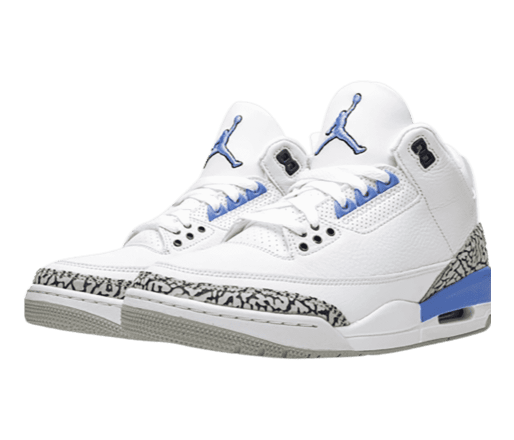 A white pair of AJ3 sneakers with black and gray elephant print heels and tips and blue details.