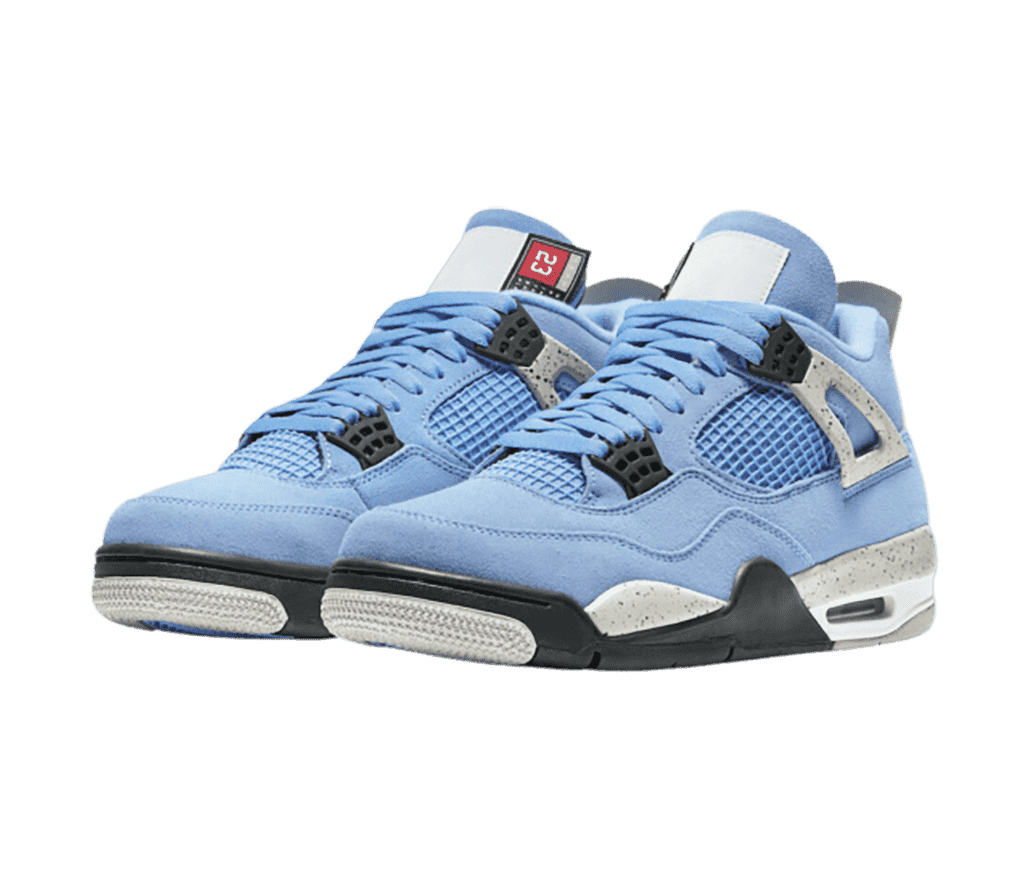 A blue suede pair of AJ4 sneakers with black and speckled gray details.