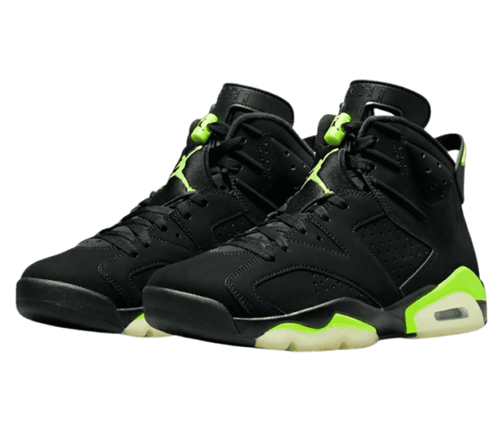 A black suede pair of AJ6 sneakers with bright green accents.