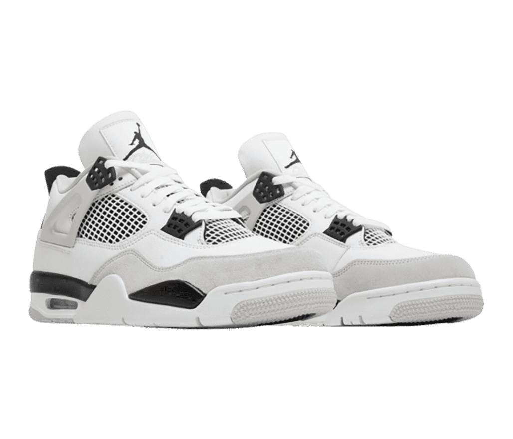 A white pair of AJ4 sneakers with black details and light gray suede tips.