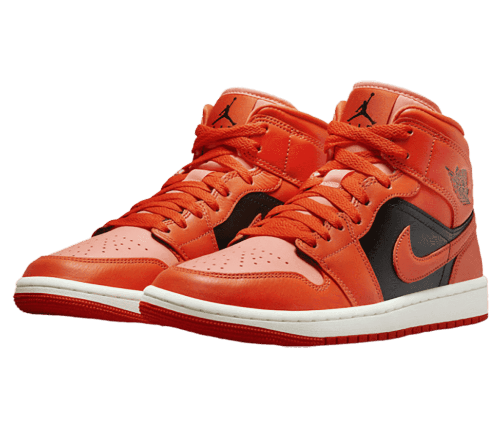 A vibrant orange pair of AJ1 Mid sneakers with salmon toeboxes and tongues, black quarters, and white midsoles.