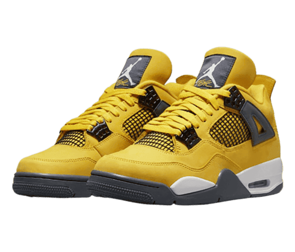 A yellow suede pair of AJ4 sneakers with black lace cages and dark gray outsoles.