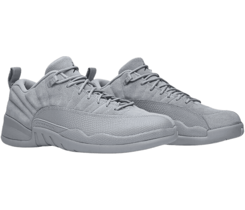 An all-gray pair of AJ12 “Wolf Grey” sneakers with suede uppers and rubber mudguards.