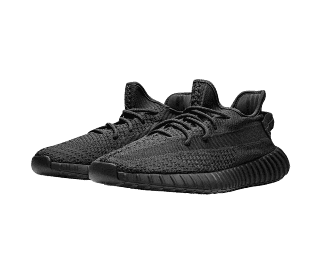 An all-black pair of Adidas Yeezy Boost 350 “Cinder” sneakers.