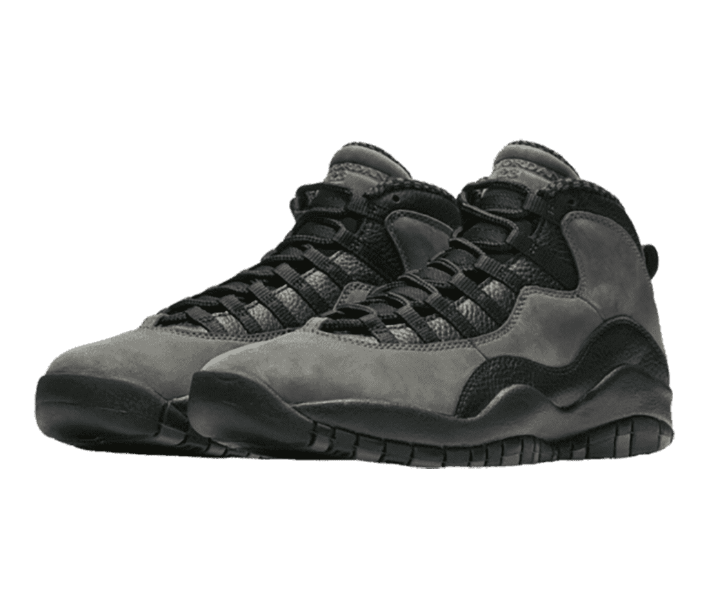 A pair of AJ10 “Shadow” sneakers in black with leather and gray suede overlays.