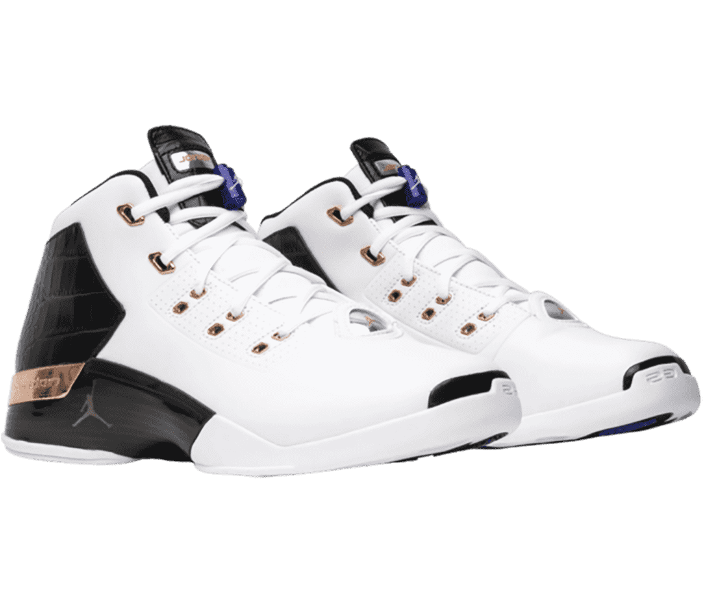 A white pair of AJ17 “Copper” sneakers with black heels, purple laces locks, and copper accents.