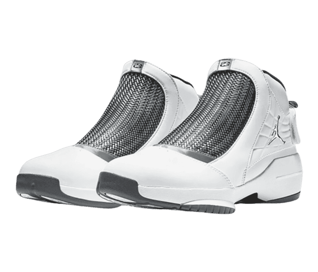 A white pair of AJ19 “Flint” sneakers with black and gray braided plastic on the medial side and dark gray outsoles.
