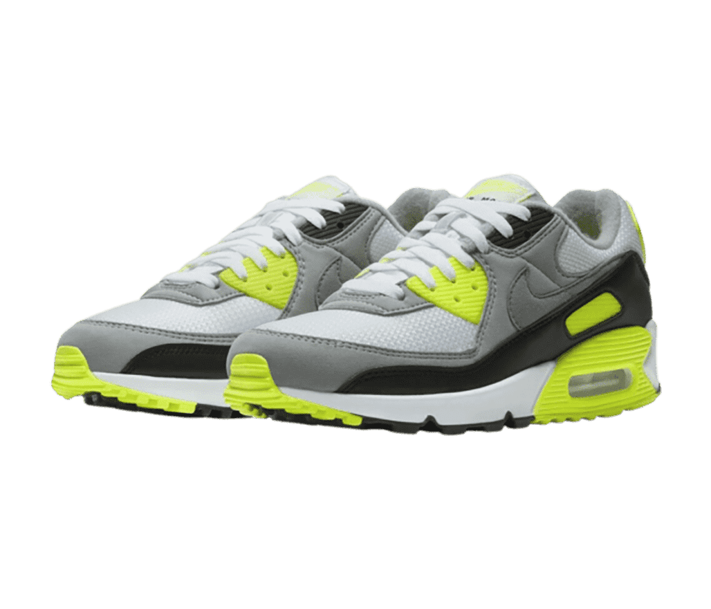 A pair of Nike 'ordan Air Max' in gray, white, and black with neon yellow accents along the heel and eyelets.