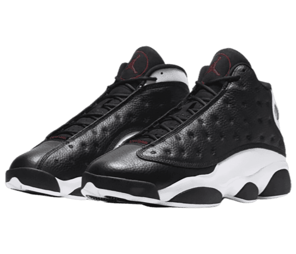 A black pair of AJ13 sneakers with white quarters, midsoles, and collars.