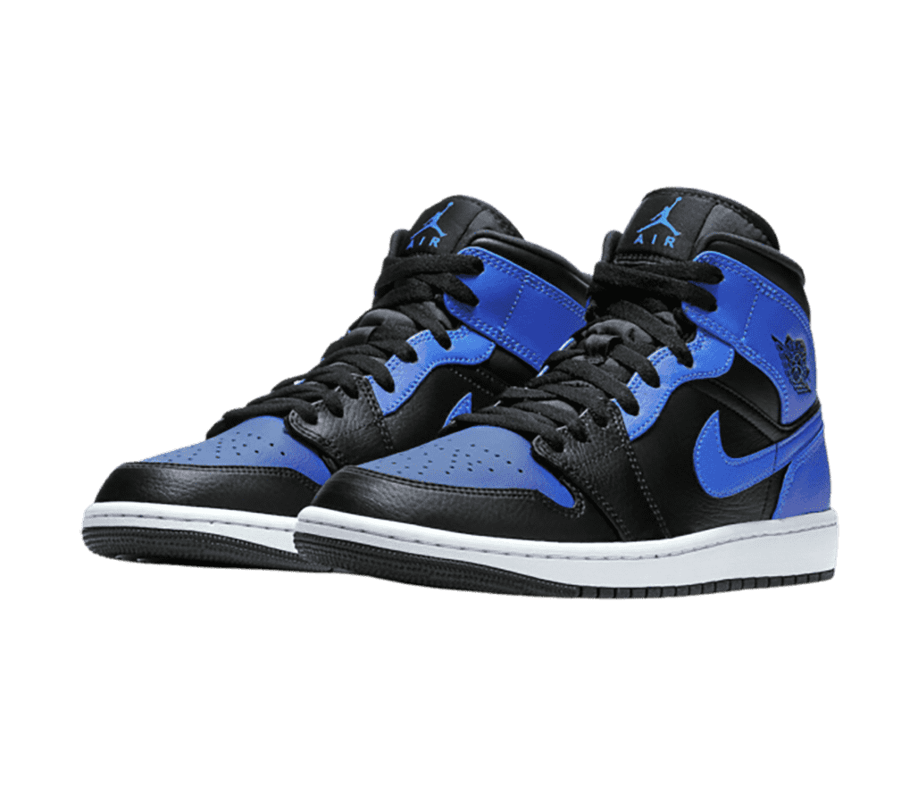 A black pair of AJ1 Mid sneakers with blue toeboxes, heels, collar straps, upper eyelets, and Swooshes.