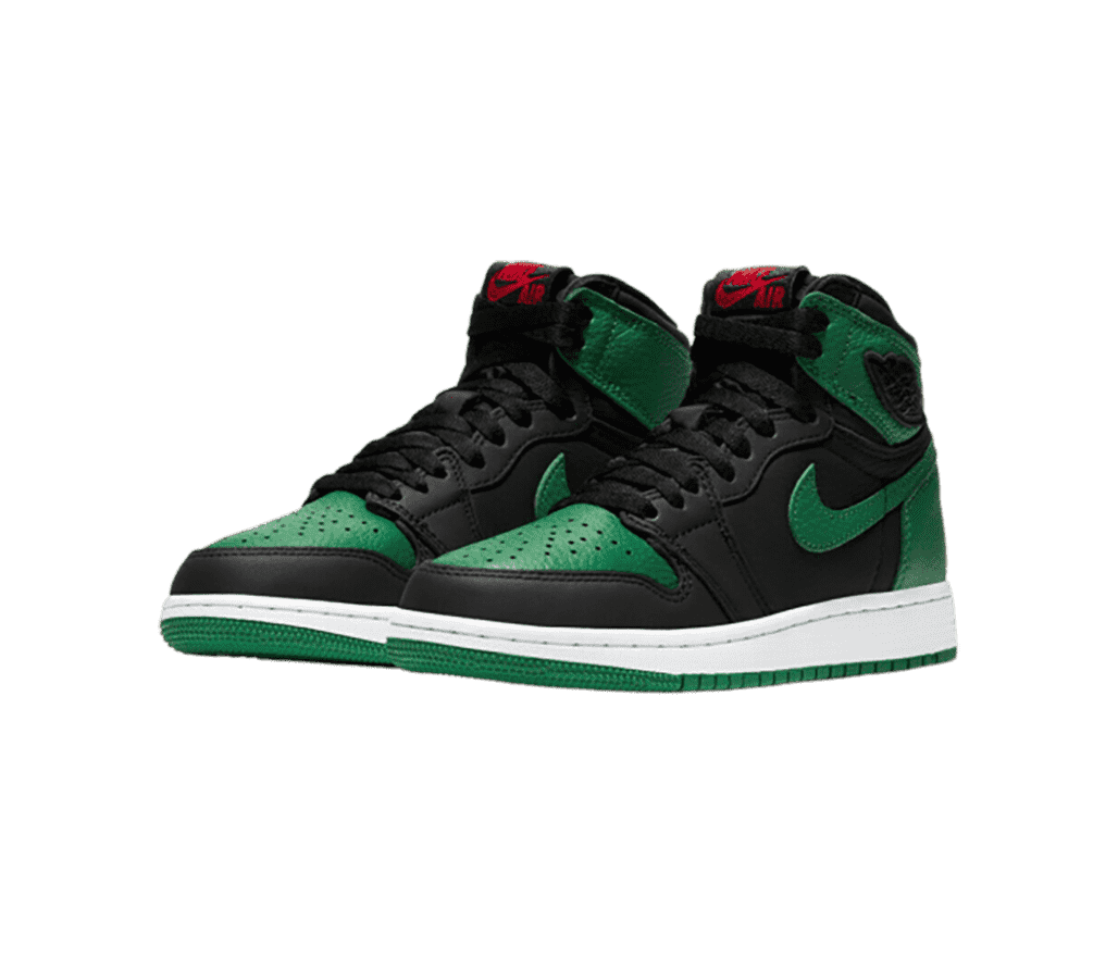 A black pair of AJ1 Mid sneakers with green toeboxes, collar straps, outsoles, and Swooshes.