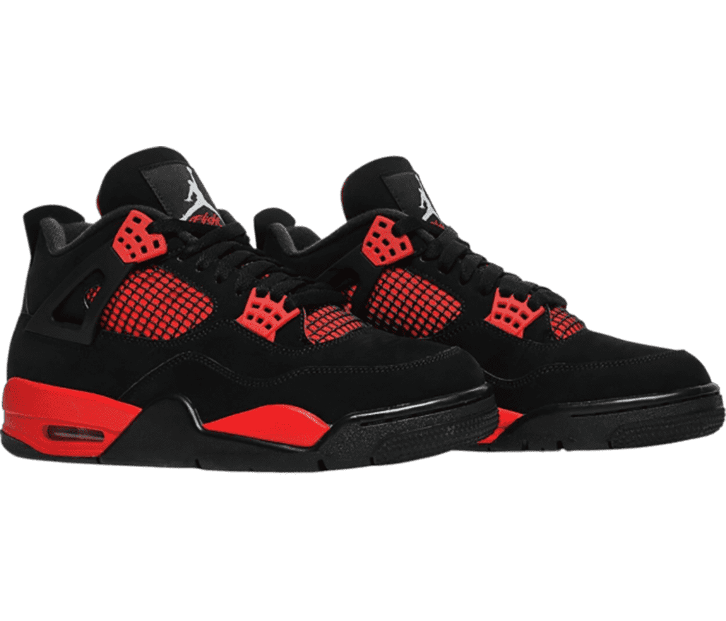 A black suede pair of AJ4 “Red Thunder” sneakers with red detailing.